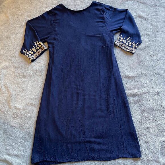 Lapogee Women's Navy Blue Embroidered Shift Dress – Kaftan Style, Medium - Picture 8 of 9